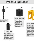 Door Knob Hole Saw Kit For Fast Lock Installations With Jig And Template, including 2-1/8 Inch and 1 Inch hole saws, arbor, guide