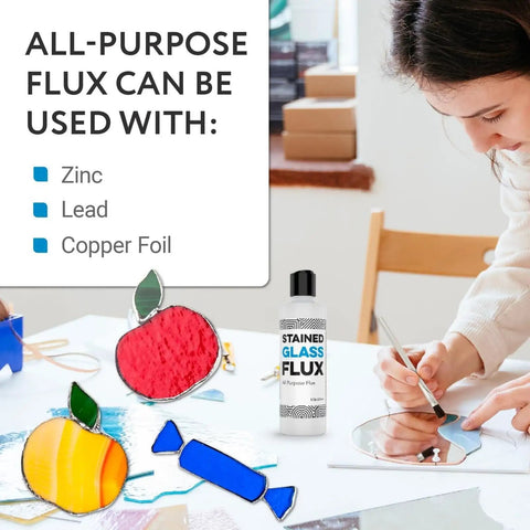 Woman soldering stained glass with Liquid Zinc Flux For Stained Glass Soldering, 8 Oz Water Soluble Formula With Brush Included