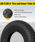 4.80/4.00-8 Tire And Inner Tube Replacement For Wheelbarrows Hand Trucks Lawn Mowers, close-up of rubber tire tread on road