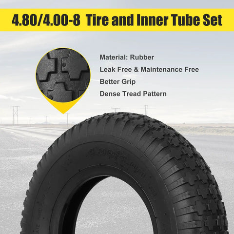4.80/4.00-8 Tire And Inner Tube Replacement For Wheelbarrows Hand Trucks Lawn Mowers, close-up of rubber tire tread on road