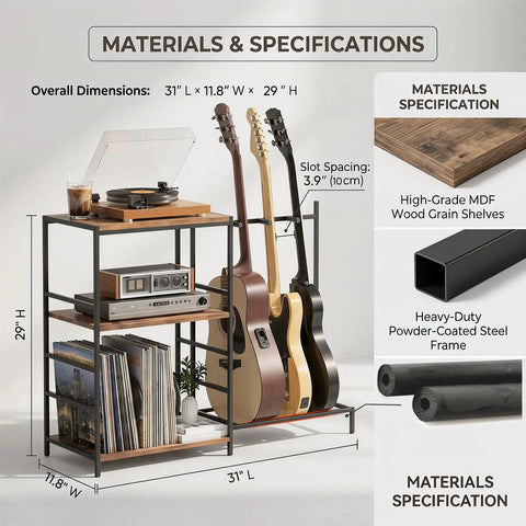 Guitar Stand For Multiple Guitars With 3 Tier Display Rack Holds Acoustic And Electric Guitars Bass Ukulele And More Great For Home Studio Or Stage Sturdy Metal Frame With Soft Foam Padding For Safe Storage And Easy Access, including a turntable and amplifier on top tier.