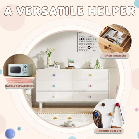 Hassle Free Yellow Peel And Stick Cabinet Knobs Zero Drill Adhesive Drawer Pulls on a white dresser with open drawers.