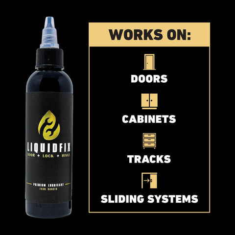 Door Lock And Hinge Lubricant 4 Oz Dropper With 0.5 Inch Needle Tip Combo Pack For Quiet Hinges No More Squeaks Sliding Doors And Glass Doors Multi Purpose Oil bottle with application chart.