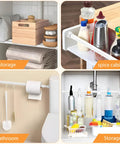 Collage of Adjustable Tension Curtain Rod Set 26 To 48 Inches 6 Pack Tool Free Install in use for storage, spice cabinet, and bathroom.