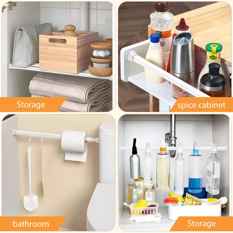 Collage of Adjustable Tension Curtain Rod Set 26 To 48 Inches 6 Pack Tool Free Install in use for storage, spice cabinet, and bathroom.