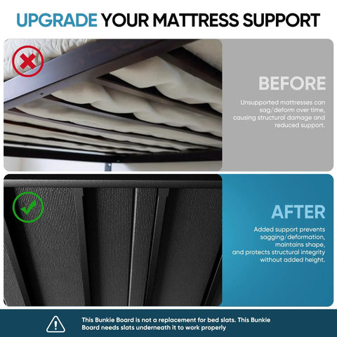 Before and after images showing Heavy Duty Twin Size Bunkie Board Builds Legit Solid Support For Your Mattress.