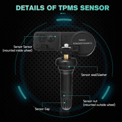 Pre Programmed TPMS Sensor For Chevy Aveo And Camaro No Programming Required Durable OE Quality Tire Pressure Monitoring System Plug And Play Install Long Lasting Sensors For Reliable Tire Readouts. Sensor detail view with seal, nut, and gap