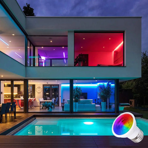 Modern house with vibrant lighting using Par16 RGB LED Bulb 12 Colors, 45 Beam, Dimmable 2700K E26, Remote Pack Of 4.
