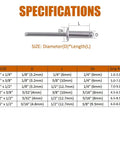 Diagram of stainless steel blind rivet specifications including dimensions for size, diameter, length, and grip range.