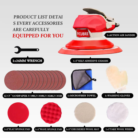 High Speed 5mm Orbit Pneumatic Orbital Sander Pro Grade For Auto Body with included accessories laid out