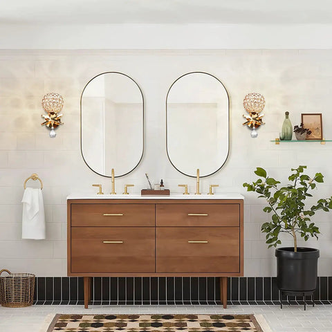 Bathroom setting with Two Pack Crystal Wall Sconces Modern Bedside Lights With E26 Sockets Hardwired Wall Mounts Gold Tone Finish