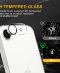 Three Pack Camera Lens Protector For iPhone 16e And iPhone 17e, Tempered Glass, 9H Hardness comparison with shatterproof feature