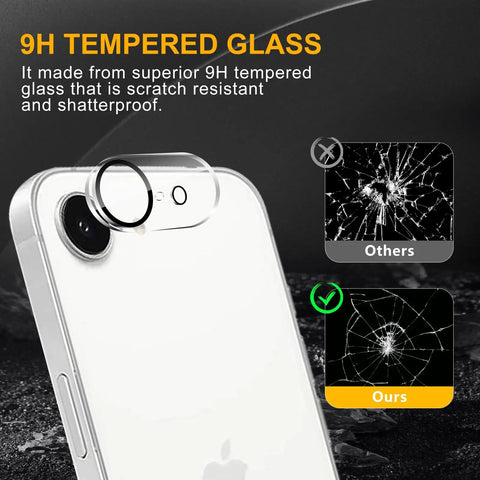 Three Pack Camera Lens Protector For iPhone 16e And iPhone 17e, Tempered Glass, 9H Hardness comparison with shatterproof feature