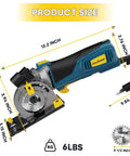 Enventor mini circular saw with laser guide, blue and yellow, corded 600W, includes 3 blades 3-1/2 inch.
