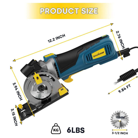 Enventor mini circular saw with laser guide, blue and yellow, corded 600W, includes 3 blades 3-1/2 inch.