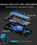 Sleek Aluminum M.2 NVMe SSD Enclosure With Smart Cooling Fan And Hassle Free Tool Free Build Delivers Blazing 10Gbps USB C Speed showing internal layout and cooling features.