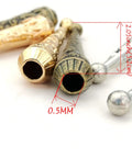 Replacement End Caps for Bolo Ties, 6 Piece Set, 2.05 Inch Long, Engraved Zinc Alloy Tips, 0.5mm Hole, 3 Color Mix, Leather Strap Ready, Dress Up Your Western Accessory close-up showing 0.5mm hole and 2.05in length