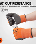 Hands wearing ANSI A3 Cut Resistant Gloves with latex rubber coated grip holding a tool, Size Large Orange, 10 pairs