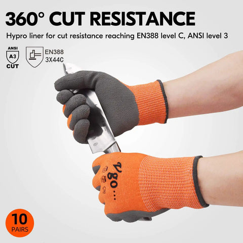 Hands wearing ANSI A3 Cut Resistant Gloves with latex rubber coated grip holding a tool, Size Large Orange, 10 pairs