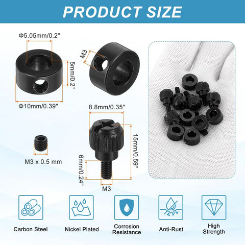 12 Piece Set Screw Shaft Collar Kit With 5.05mm Bore, 10mm OD, 5mm Height, Includes 12 M3 Screws, Black Nickel Plated Carbon Steel Wheel Collar, Landing Gear Stopper, Perfect For CNC, Robotics Gearheads, DIY Projects. Black carbon steel shaft collars with M3 screws and size labels.