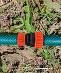 Installed Two Pack One Half To Three Quarter Inch Garden Hose Repair Menders Connectors Adapters in ABS plastic on hose