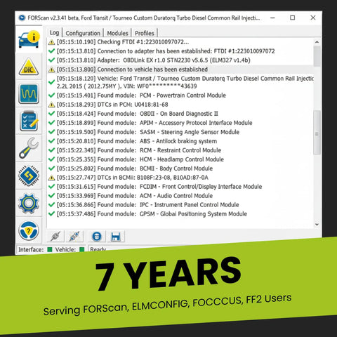 FORScan software interface showing modules and connection status on Elm327 Based OBD2 USB Diagnostic Tool With MS-Can HS-Can Switch.
