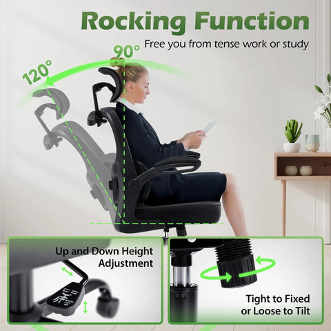 Ergonomic Office Chair With Adjustable Lumbar Support And Headrest demonstrating rocking function and height adjustment