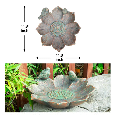 Antique Resin Bird Bath For Outdoors, Flower Shaped Garden Bird Bath With Vintage Bird Ornament on stone patio display