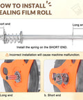 Instructional image showing how to install sealing film roll on Heavy Duty 110V Manual Cup Sealer handles.