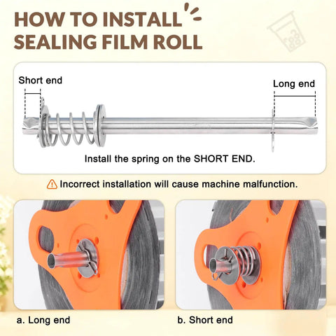 Instructional image showing how to install sealing film roll on Heavy Duty 110V Manual Cup Sealer handles.