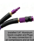 Close-up of installed 1/4 inch aluminum quick couplers on Beefy Hybrid Air Compressor Hose 1/4 Inch By 10 Foot, 300 PSI.