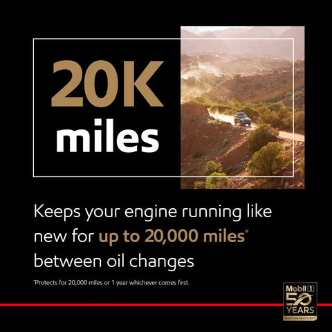 Mobil 1 motor oil 5W-30, 5 qt — front view advertising graphic with 20K miles and an off-road vehicle.