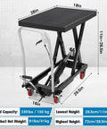 Hella Sturdy Hydraulic Lift Table Cart 1100 Pound Capacity Scissor Work Platform with dimensions and details for garage or warehouse use.