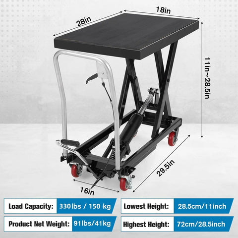 Hella Sturdy Hydraulic Lift Table Cart 1100 Pound Capacity Scissor Work Platform with dimensions and details for garage or warehouse use.