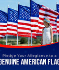 Girl with blue hat standing near row of heavy duty 3x5 outdoor American flags made in USA with embroidered stars and sewn stripes.