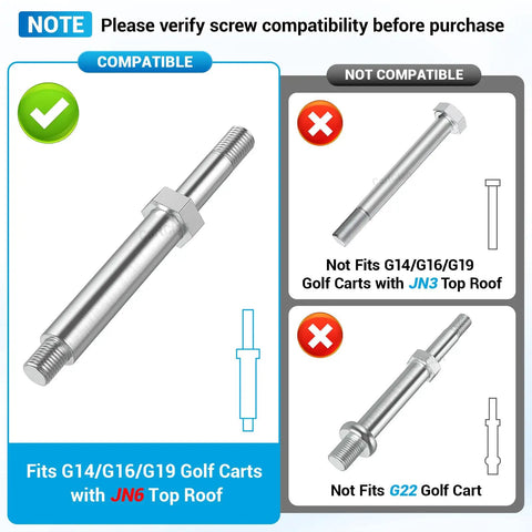 Heavy Duty Golf Cart Front Roof Top Support Repair Kit Locks Down Loose Panels Tight With Stainless Screws Nuts And Washers, compatible screw image for G14/G16/G19 models.