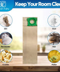 Image of a vacuum filter bag and allergens it captures like dirt, dust, pet dander, hair, crumbs, and pollen