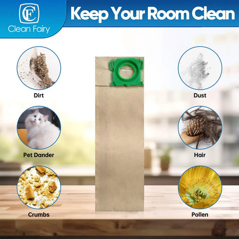 Image of a vacuum filter bag and allergens it captures like dirt, dust, pet dander, hair, crumbs, and pollen
