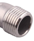 Close-up of stainless steel 1/2in hose barb to 1/2in male NPT 90-degree elbow pipe fitting
