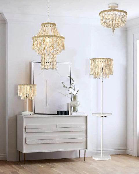 Room with multiple Boho Birch Wood Beaded Chandelier Flush Mount Ceiling Lights With Rustic Charm, 13 Inch 2 Light Fixture