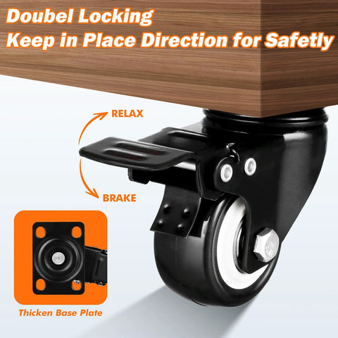 Heavy duty caster wheels with dual locking brakes and thick base plate for stability and safety in furniture mobility solutions.