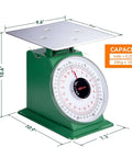 Front view of Heavy Duty Mechanical Kitchen Scale 44Lb 20Kg Portion Control Dial Scale with stainless steel platform and green base.