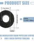 Diagram showing dimensions of 24 Pcs 3.3 Feet Foam Pipe Insulation Covers Pre Slit Black 1 Inch Thick for outdoor use