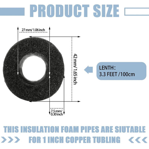 Diagram showing dimensions of 24 Pcs 3.3 Feet Foam Pipe Insulation Covers Pre Slit Black 1 Inch Thick for outdoor use