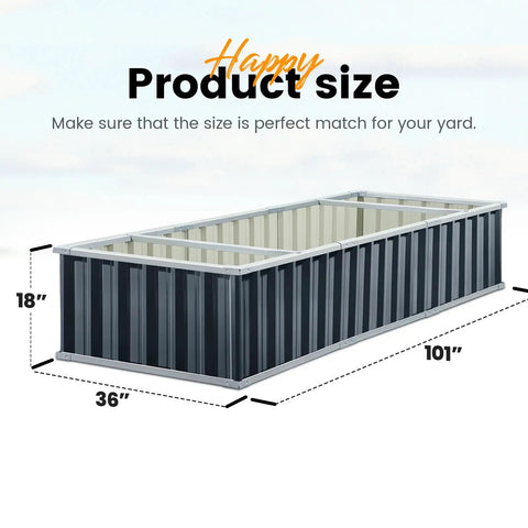 Galvanized Raised Garden Bed With Two Easy Installation Options For DIY Enthusiasts, Measures 101 By 36 By 18 Inches, Heightened Planter Box For Deep Rooted Vegetables And Flowers, Outdoor Use In Dark Grey showing size dimensions
