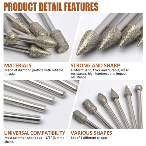 Diamond Drill Grinding Bit Set For Rotary Tools Polishing Kit with diamond-coated bits, 1/8 inch shank, various shapes.