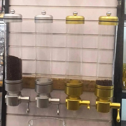 Wall Mounted Coffee Bean Dispenser With Clear Acrylic Shell And Tight Screw Lid To Keep The Stash Fresh Smooth Self Serve Bottom Pour for beans and candy