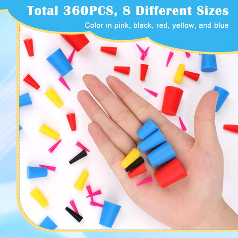 Hand holding colorful Pro Grade 360 Piece Silicone Rubber Tapered Plugs Set In Eight Sizes For Hole Sealing