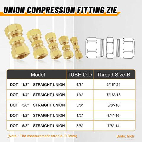 Front view of Ailbiuko brass compression air brake straight union fittings kit, 53 pcs, in 1/8–5/8 in sizes.