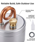 High Power Mini Alcohol Stove Spirit Burner with brass regulator and components for safe outdoor camping use.